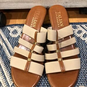 Italian Shoemakers Beige and Brown Multi-Strap Slide Sandals with Gold Accents